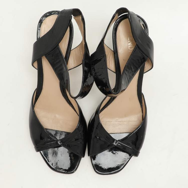 Pre Owned Fendi Black Patent Leather Ankle Strap Sandals Size 37.5