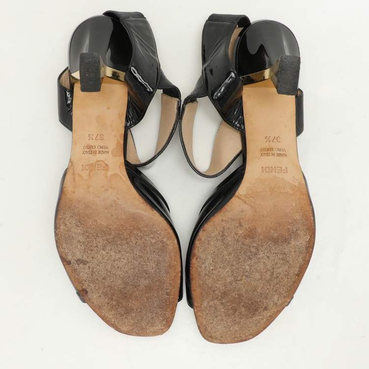 Pre Owned Fendi Black Patent Leather Ankle Strap Sandals Size 37.5