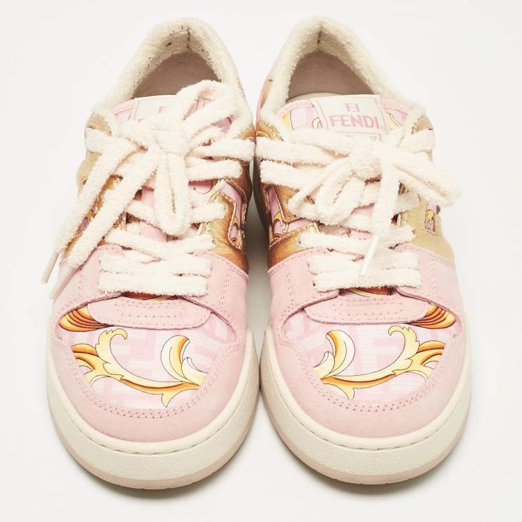 Pre Owned Fendi Pink/Gold Leather and Suede Fendace Lace Up Sneakers Size 38