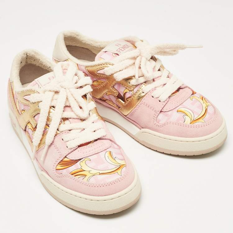 Pre Owned Fendi Pink/Gold Leather and Suede Fendace Lace Up Sneakers Size 38