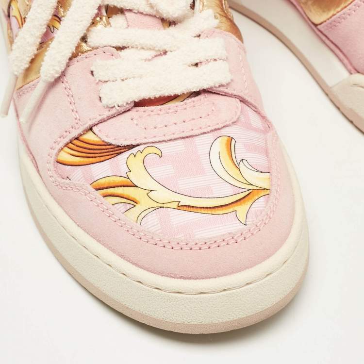 Pre Owned Fendi Pink/Gold Leather and Suede Fendace Lace Up Sneakers Size 38