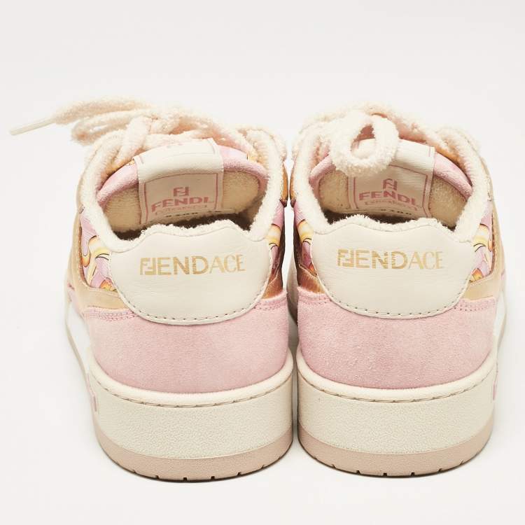 Pre Owned Fendi Pink/Gold Leather and Suede Fendace Lace Up Sneakers Size 38