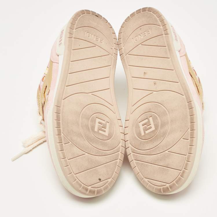 Pre Owned Fendi Pink/Gold Leather and Suede Fendace Lace Up Sneakers Size 38