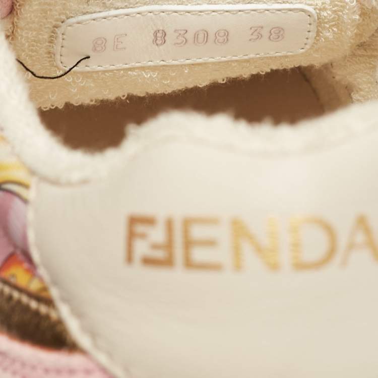 Pre Owned Fendi Pink/Gold Leather and Suede Fendace Lace Up Sneakers Size 38