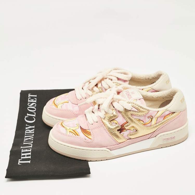Pre Owned Fendi Pink/Gold Leather and Suede Fendace Lace Up Sneakers Size 38