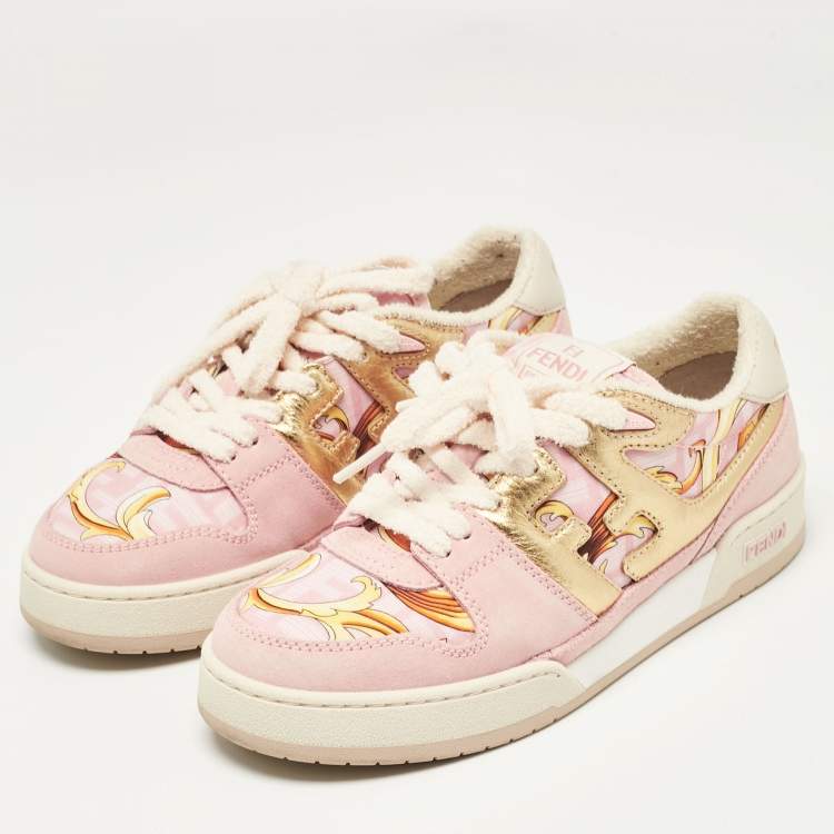 Pre Owned Fendi Pink/Gold Leather and Suede Fendace Lace Up Sneakers Size 38