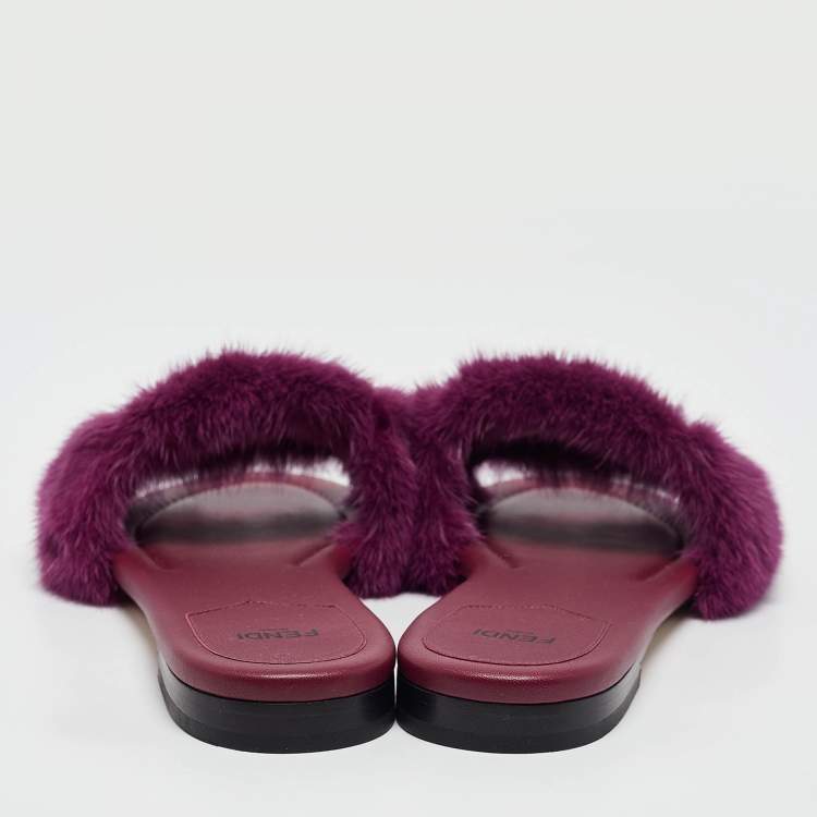 Pre Owned Fendi Purple Mink Fur Baguette Flat Slides Size 40