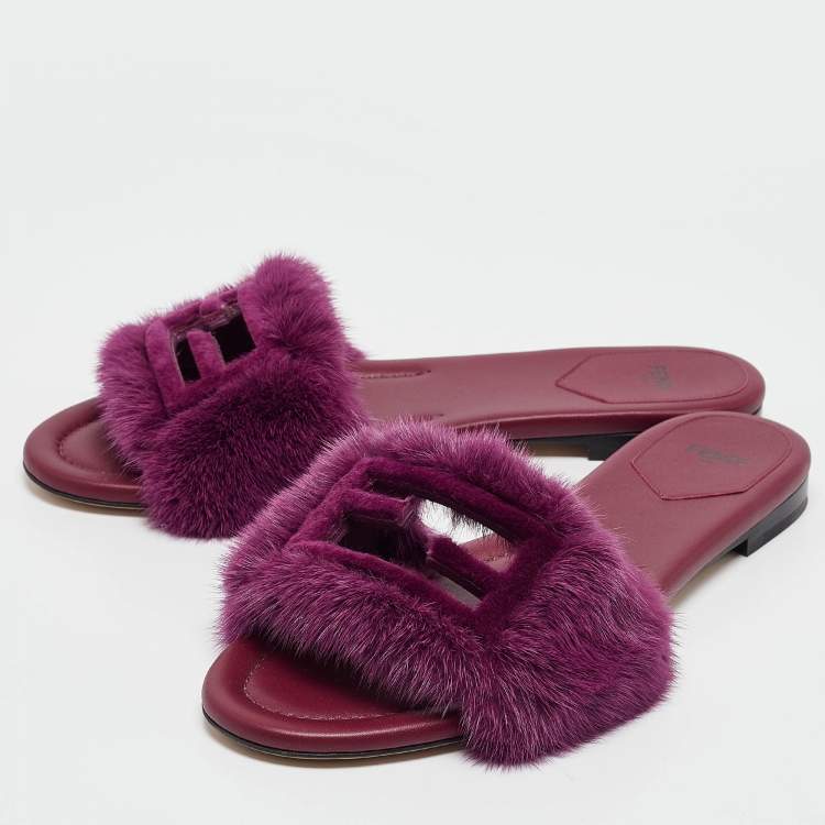 Pre Owned Fendi Purple Mink Fur Baguette Flat Slides Size 40