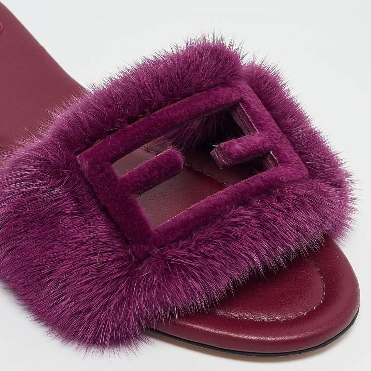 Pre Owned Fendi Purple Mink Fur Baguette Flat Slides Size 40