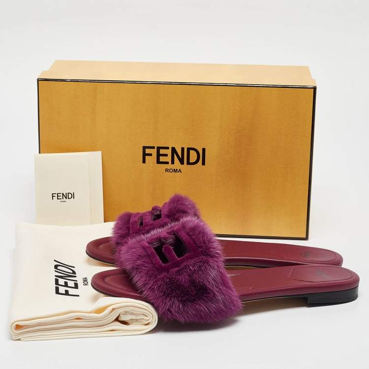 Pre Owned Fendi Purple Mink Fur Baguette Flat Slides Size 40