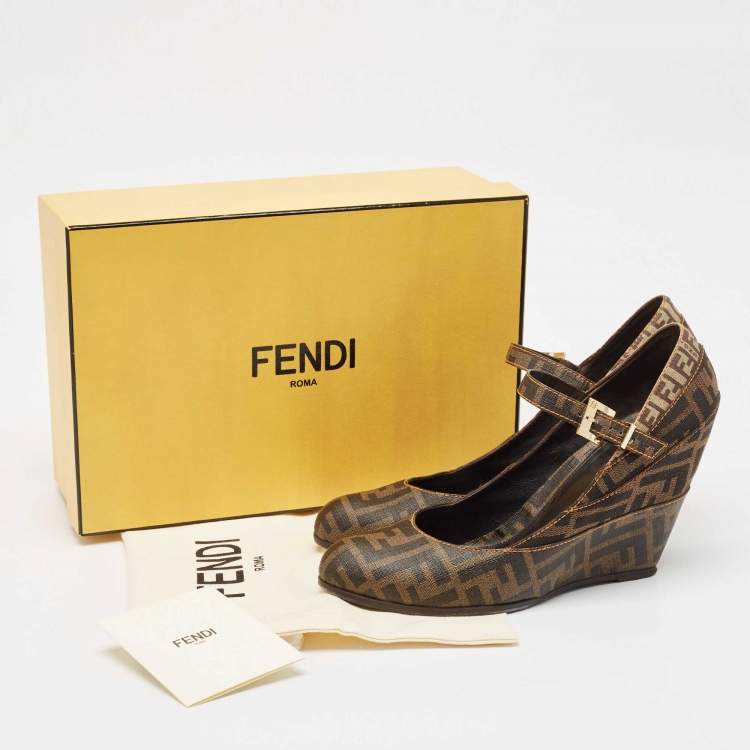Pre Owned Fendi Tobacco Zucca Coated Canvas Wedge Pumps Size 40