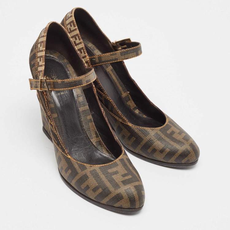 Pre Owned Fendi Tobacco Zucca Coated Canvas Wedge Pumps Size 40