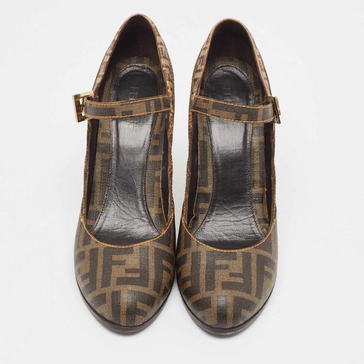 Pre Owned Fendi Tobacco Zucca Coated Canvas Wedge Pumps Size 40