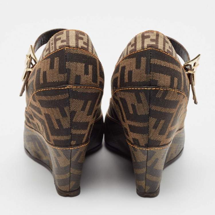 Pre Owned Fendi Tobacco Zucca Coated Canvas Wedge Pumps Size 40