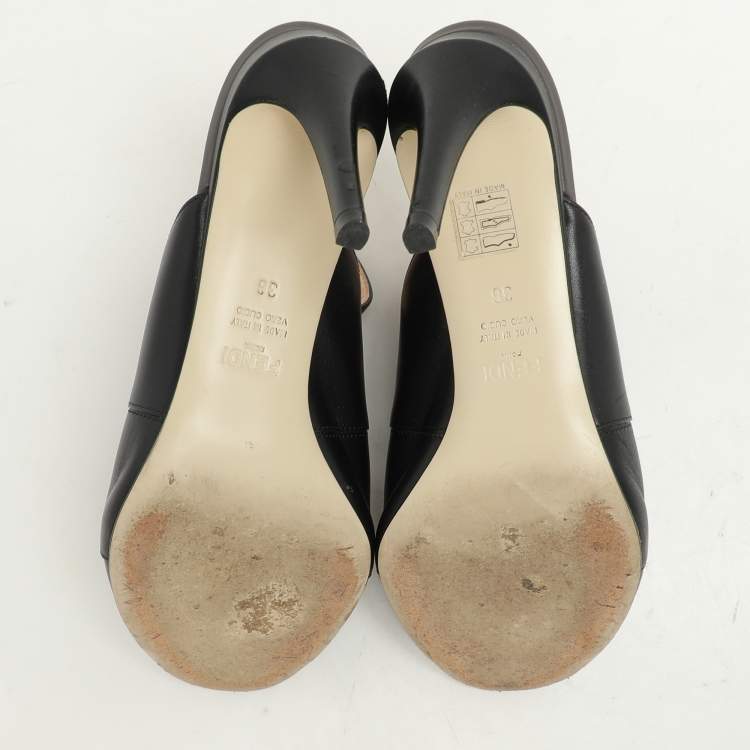 Pre Owned Fendi Black/Grey Leather Flowerland Slide Sandals Size 36
