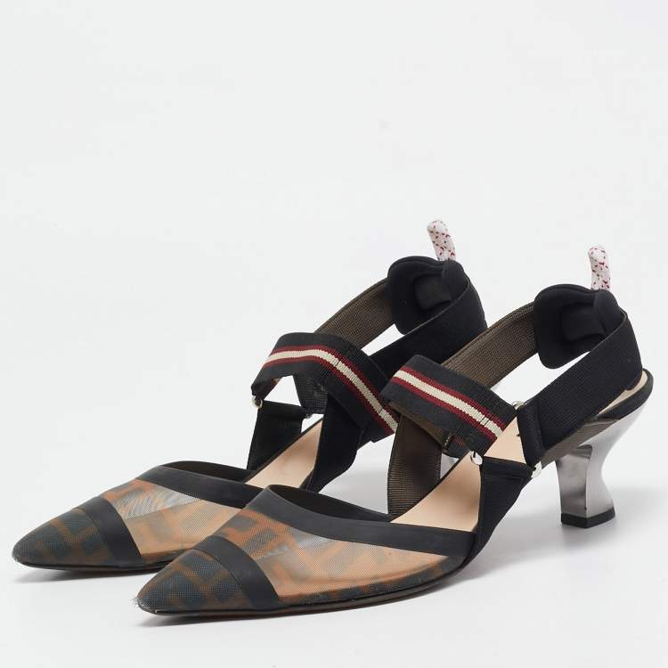 Pre Owned Fendi Black/Brown Zucca Mesh and Leather Colibri Pumps Size 40