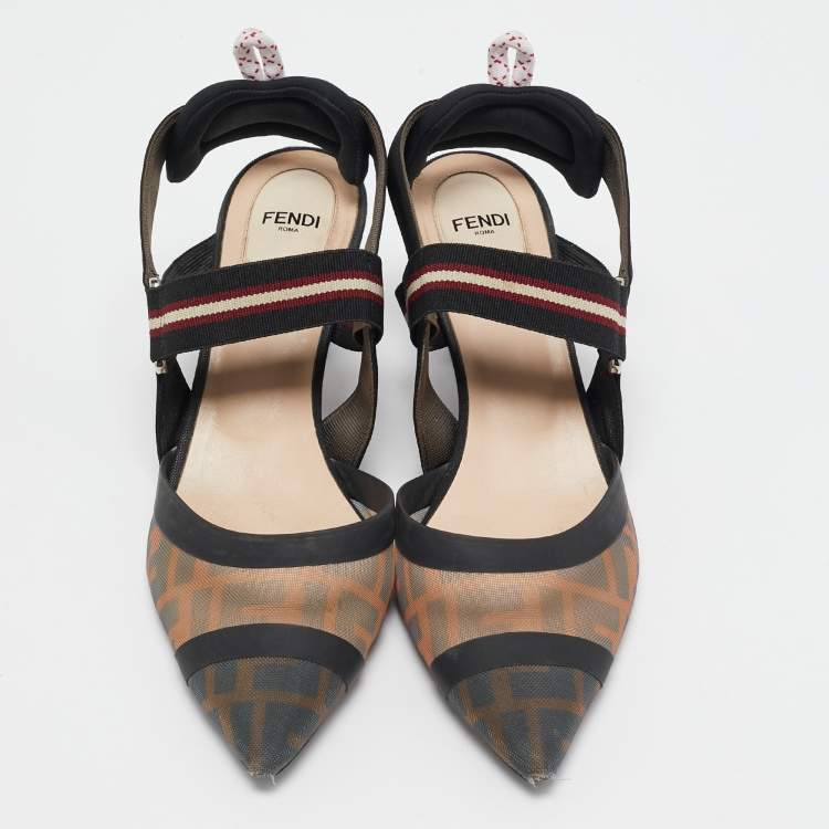 Pre Owned Fendi Black/Brown Zucca Mesh and Leather Colibri Pumps Size 40