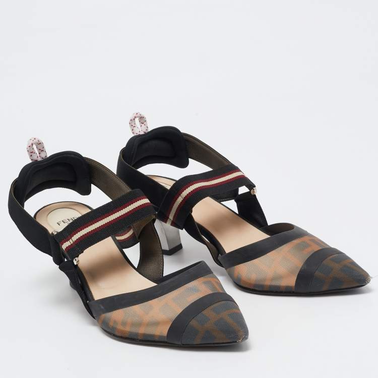 Pre Owned Fendi Black/Brown Zucca Mesh and Leather Colibri Pumps Size 40