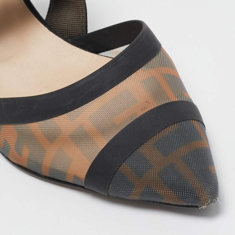 Pre Owned Fendi Black/Brown Zucca Mesh and Leather Colibri Pumps Size 40