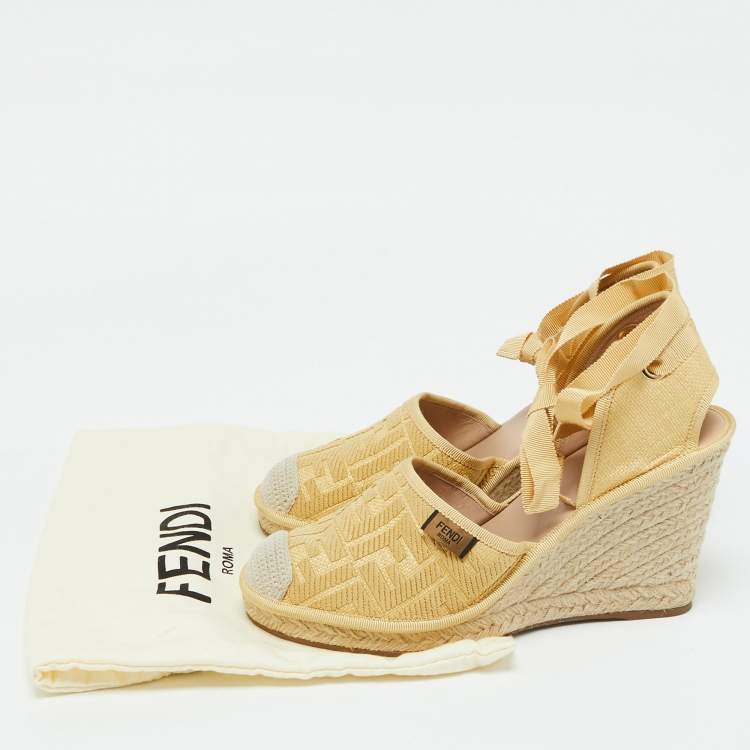 Pre Owned Fendi Beige Zucca Raffia and Canvas Espadrille Platform Wedge Sandals Size 40