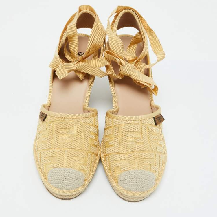 Pre Owned Fendi Beige Zucca Raffia and Canvas Espadrille Platform Wedge Sandals Size 40