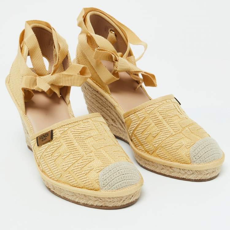 Pre Owned Fendi Beige Zucca Raffia and Canvas Espadrille Platform Wedge Sandals Size 40