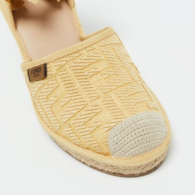 Pre Owned Fendi Beige Zucca Raffia and Canvas Espadrille Platform Wedge Sandals Size 40