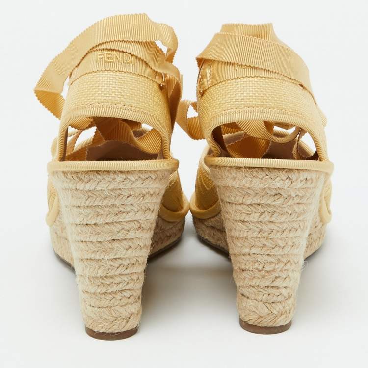 Pre Owned Fendi Beige Zucca Raffia and Canvas Espadrille Platform Wedge Sandals Size 40
