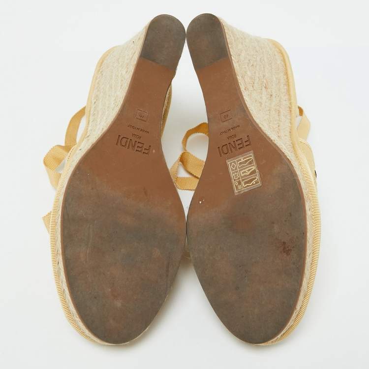 Pre Owned Fendi Beige Zucca Raffia and Canvas Espadrille Platform Wedge Sandals Size 40
