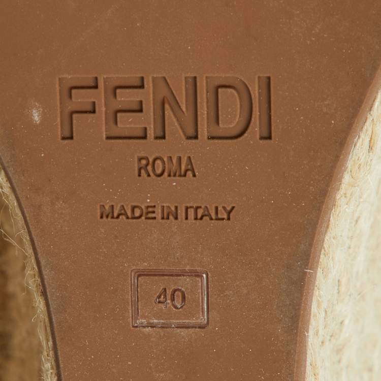 Pre Owned Fendi Beige Zucca Raffia and Canvas Espadrille Platform Wedge Sandals Size 40