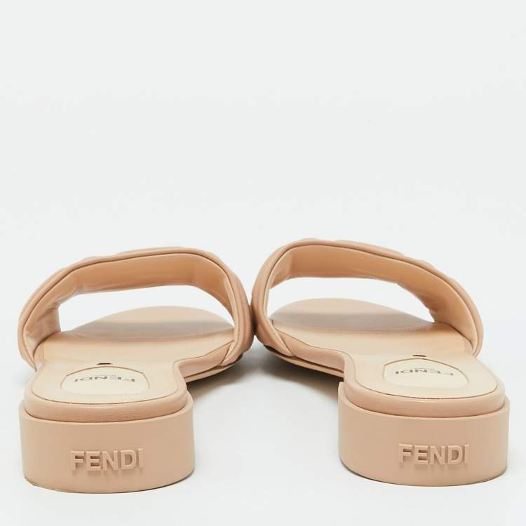Pre Owned Fendi Beige Leather Logo Embossed Slide Flat Sandals Size 40