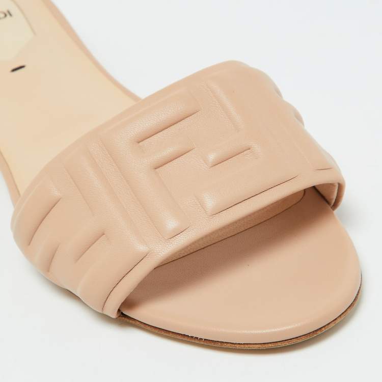 Pre Owned Fendi Beige Leather Logo Embossed Slide Flat Sandals Size 40