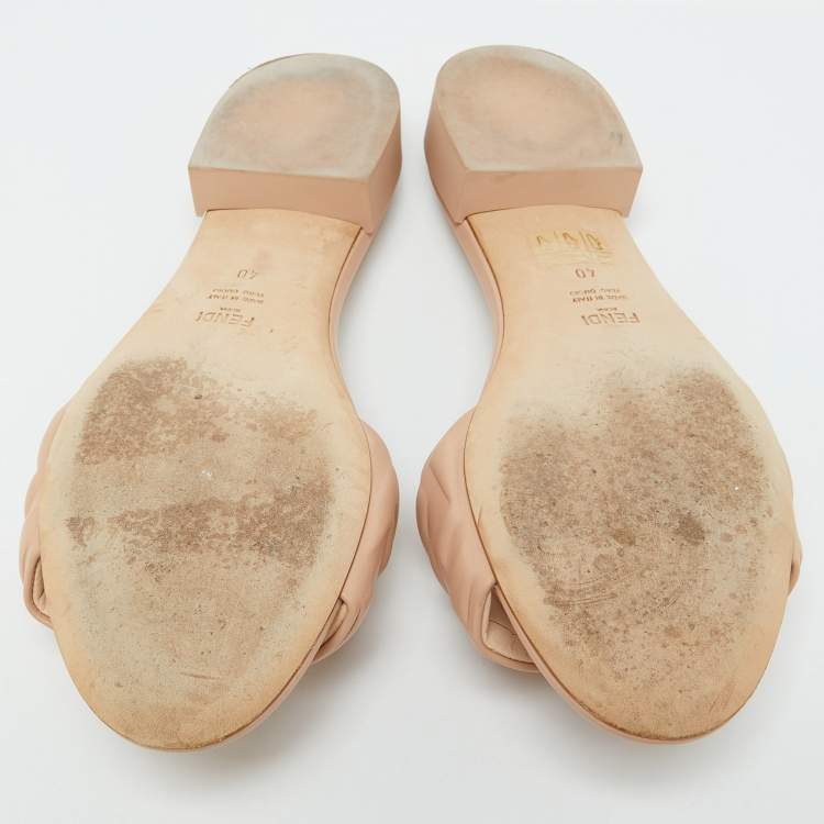 Pre Owned Fendi Beige Leather Logo Embossed Slide Flat Sandals Size 40