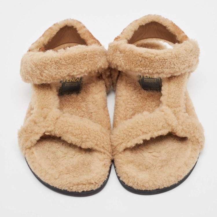 Pre Owned Fendi Brown Shearling Fur FF Flat Sandals Size 37
