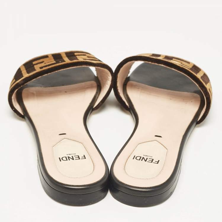 Pre Owned Fendi Brown/Black Zucca Velvet Flat Slides Size 35