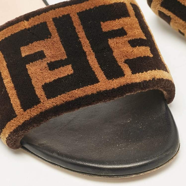 Pre Owned Fendi Brown/Black Zucca Velvet Flat Slides Size 35