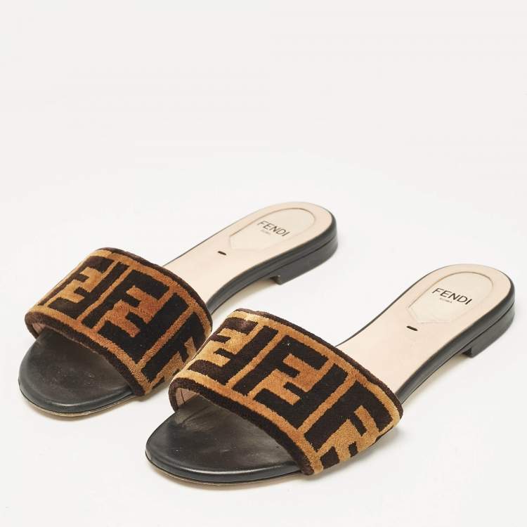 Pre Owned Fendi Brown/Black Zucca Velvet Flat Slides Size 35