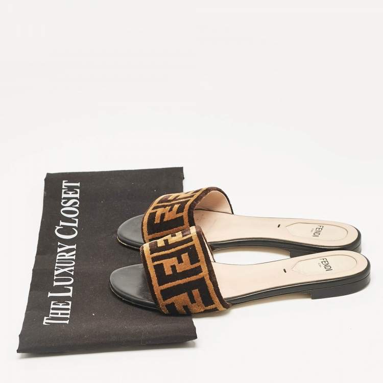 Pre Owned Fendi Brown/Black Zucca Velvet Flat Slides Size 35
