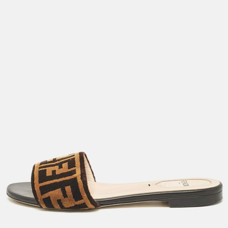 Pre Owned Fendi Brown/Black Zucca Velvet Flat Slides Size 35