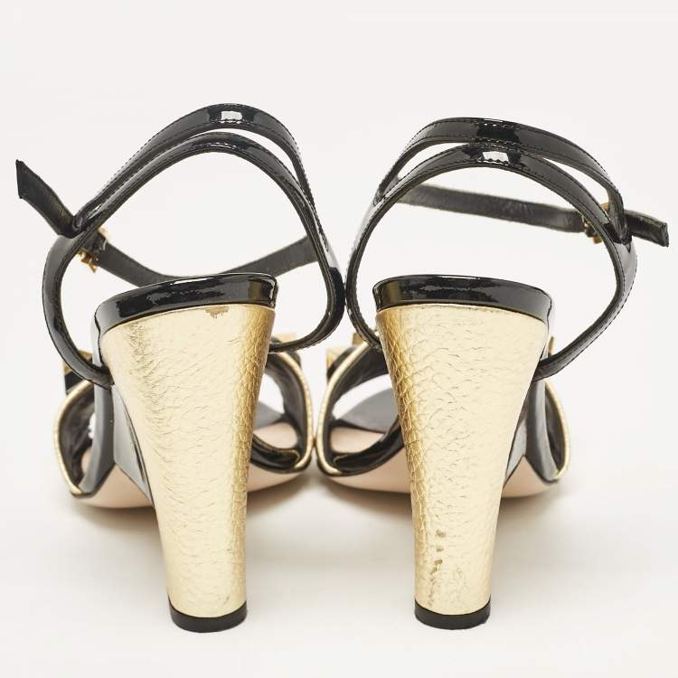Pre Owned Fendi Gold/Black Leather and Patent Studded Ankle Strap Sandals Size 36