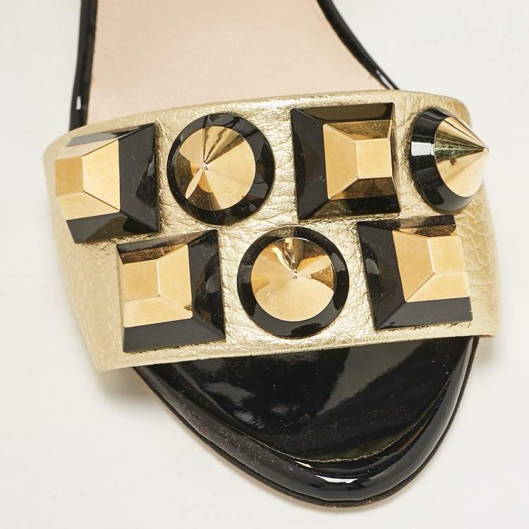 Pre Owned Fendi Gold/Black Leather and Patent Studded Ankle Strap Sandals Size 36