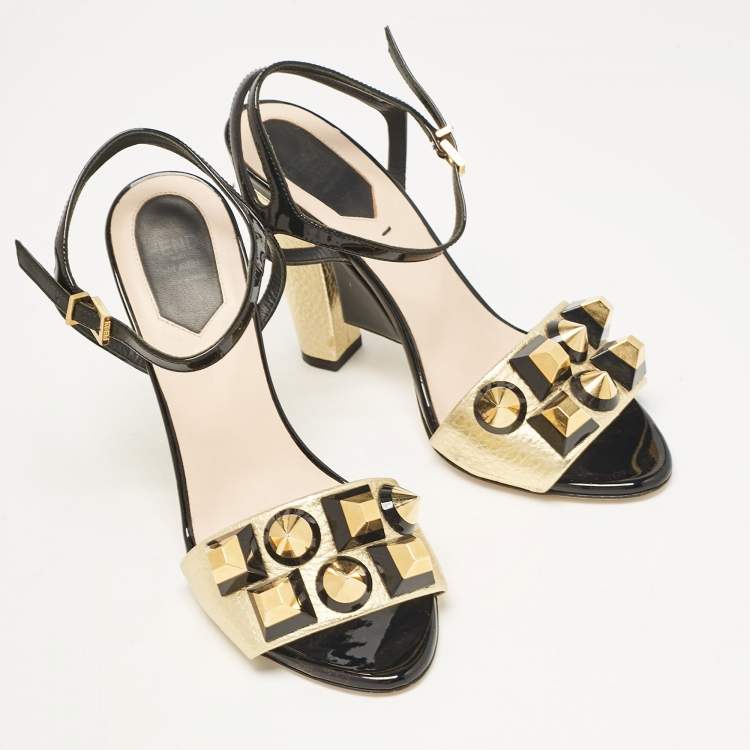 Pre Owned Fendi Gold/Black Leather and Patent Studded Ankle Strap Sandals Size 36