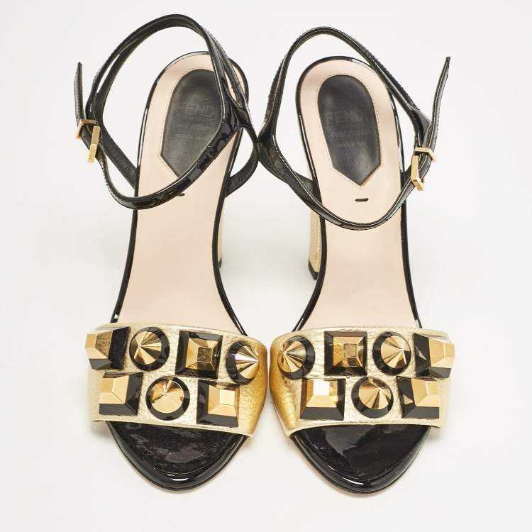 Pre Owned Fendi Gold/Black Leather and Patent Studded Ankle Strap Sandals Size 36