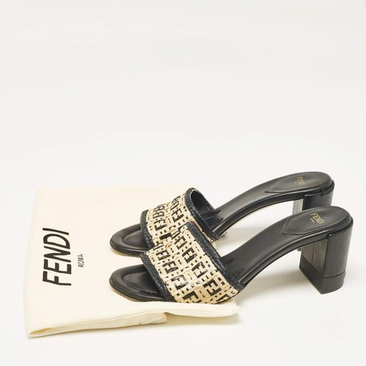 Pre Owned Fendi Cream/Black Leather and Raffia FF Slide Sandals Size 37.5