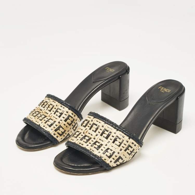 Pre Owned Fendi Cream/Black Leather and Raffia FF Slide Sandals Size 37.5