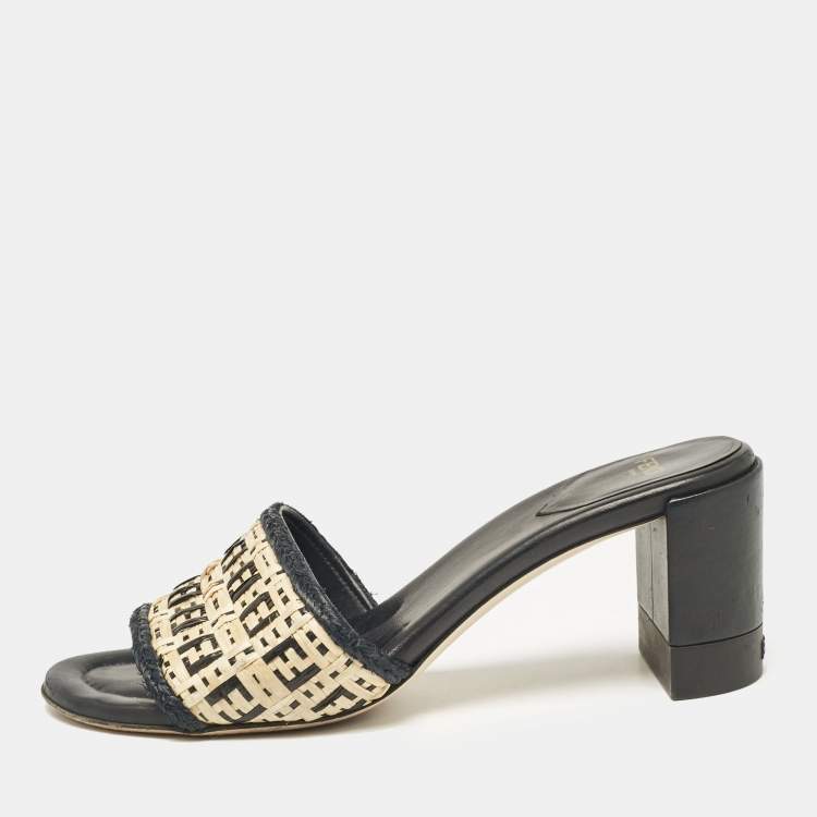 Pre Owned Fendi Cream/Black Leather and Raffia FF Slide Sandals Size 37.5