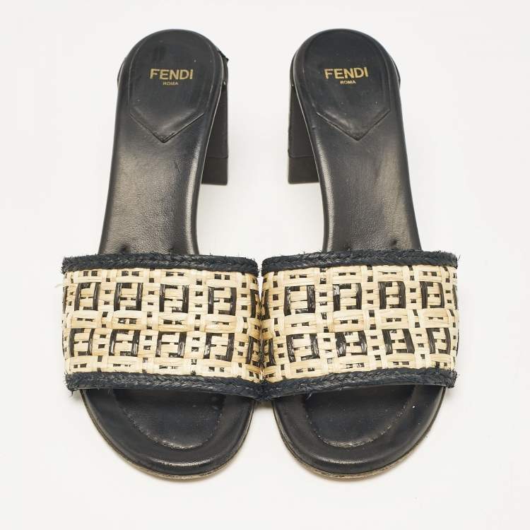 Pre Owned Fendi Cream/Black Leather and Raffia FF Slide Sandals Size 37.5