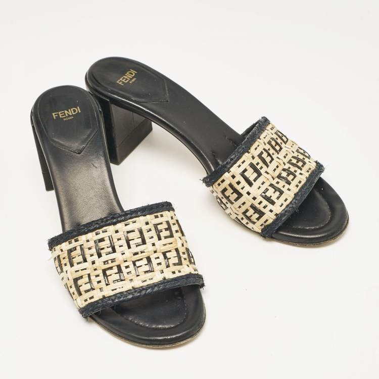 Pre Owned Fendi Cream/Black Leather and Raffia FF Slide Sandals Size 37.5