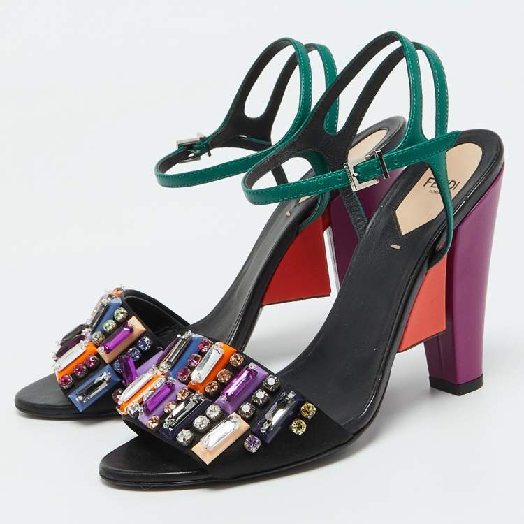 Pre Owned Fendi Multicolor Satin Fantasia Crystal Embellished Ankle Strap Sandals Size 39.5