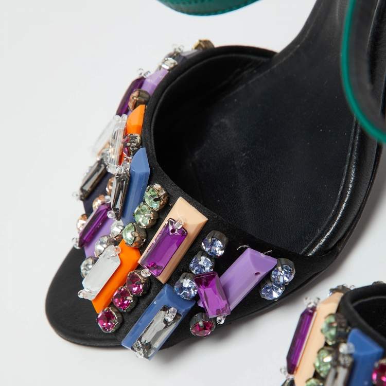 Pre Owned Fendi Multicolor Satin Fantasia Crystal Embellished Ankle Strap Sandals Size 39.5
